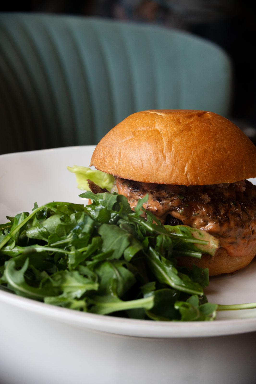 The Solera Burger with giardiniera spread and Swiss cheese